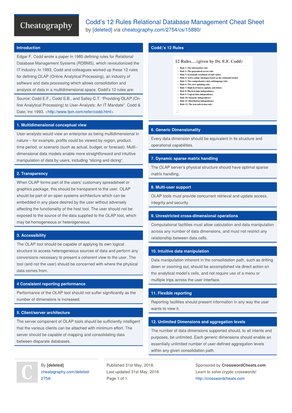 Codd's 12 Rules Relational Database Management Cheat Sheet by [Deleted]