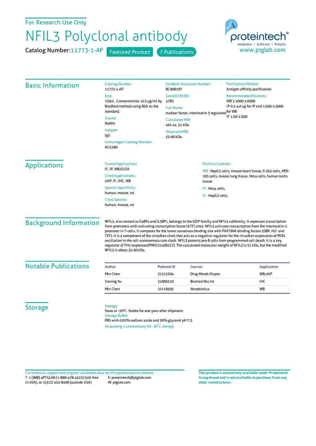 NFIL3 Polyclonal Antibody Catalog Number:11773-1-AP Featured Product 7 Publications