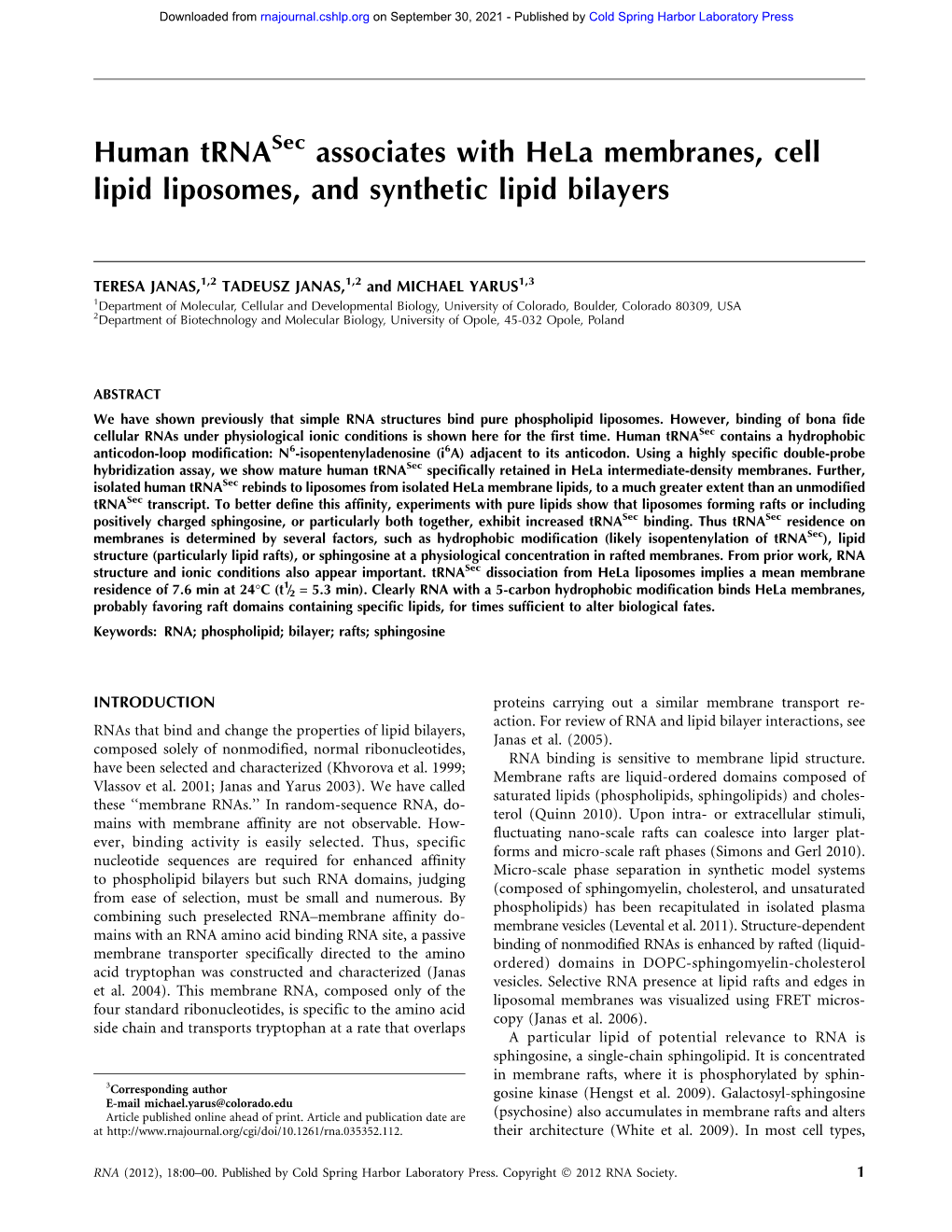 Human Trna Associates with Hela Membranes, Cell Lipid Liposomes