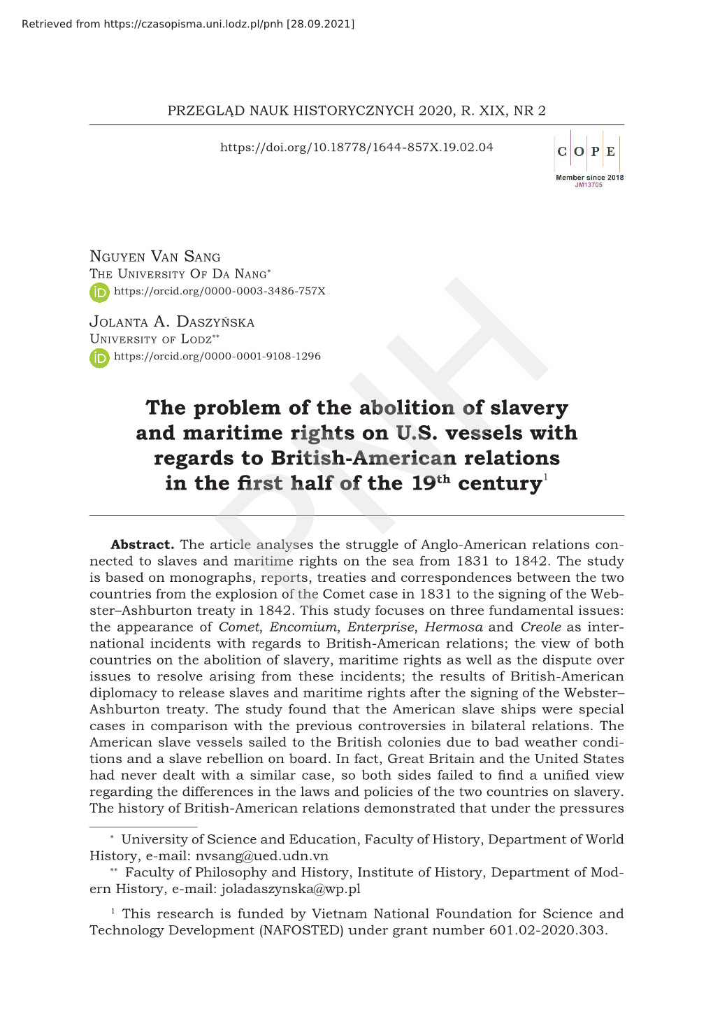 The Problem of the Abolition of Slavery and Maritime Rights on U.S. Vessels with Regards to British-American Relations 1 in the First Half of the 19Th Century2