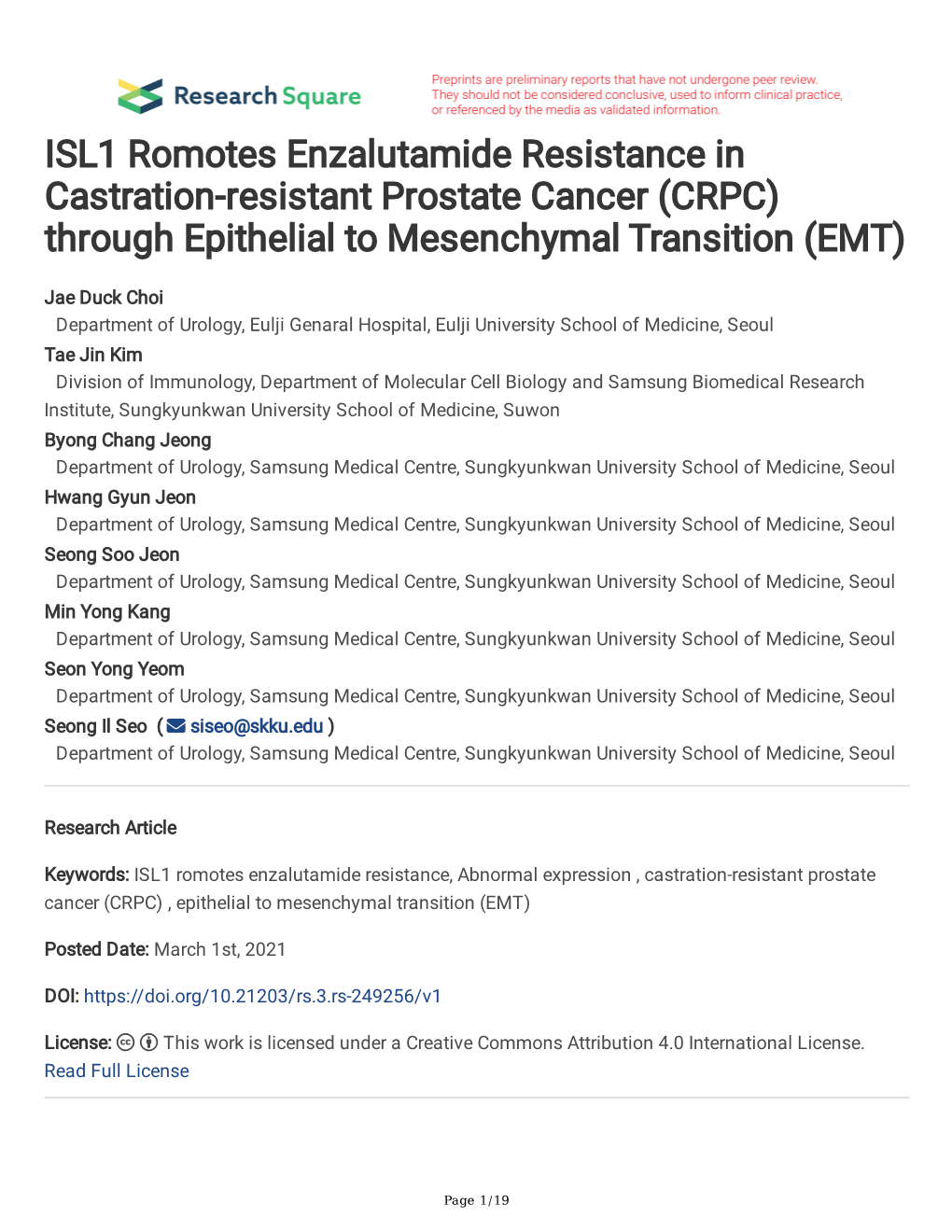 ISL1 Romotes Enzalutamide Resistance in Castration-Resistant Prostate Cancer (CRPC) Through Epithelial to Mesenchymal Transition (EMT)
