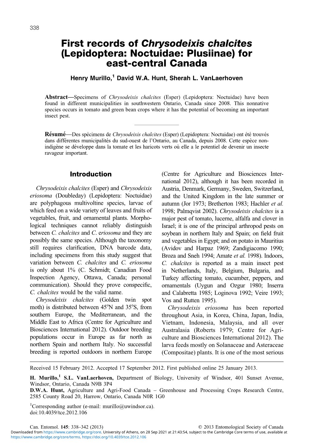 First Records of Chrysodeixis Chalcites (Lepidoptera: Noctuidae: Plusiinae) for East-Central Canada