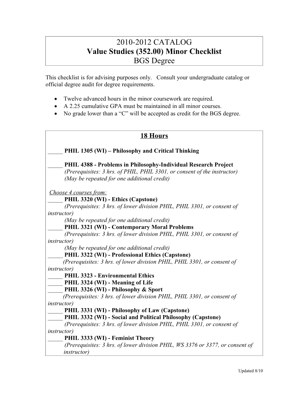 Value Studies (352.00) Minor Checklist