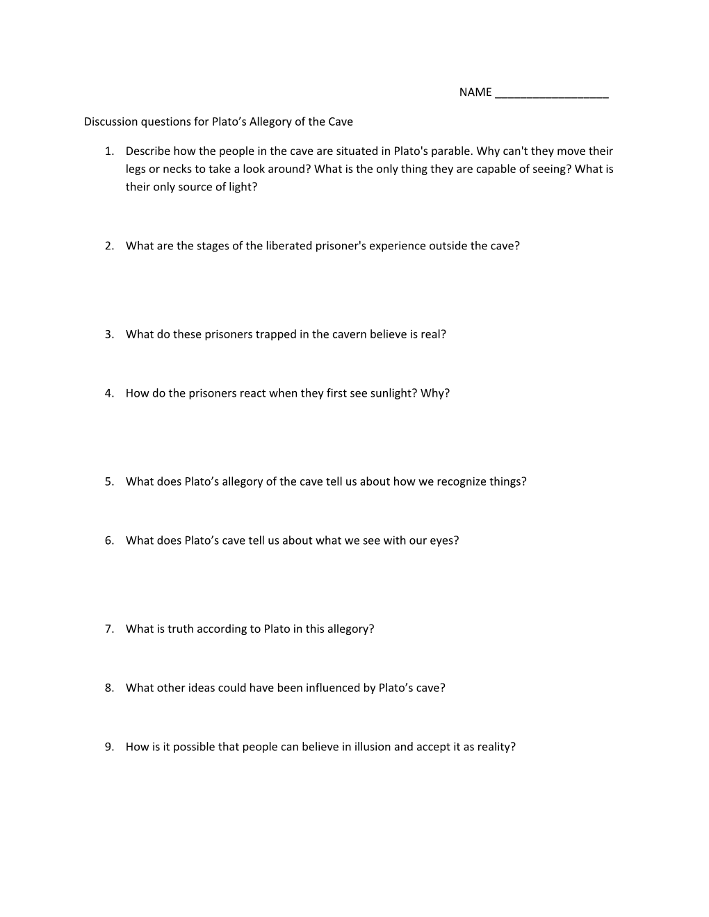 Discussion Questions for Plato S Allegory of the Cave