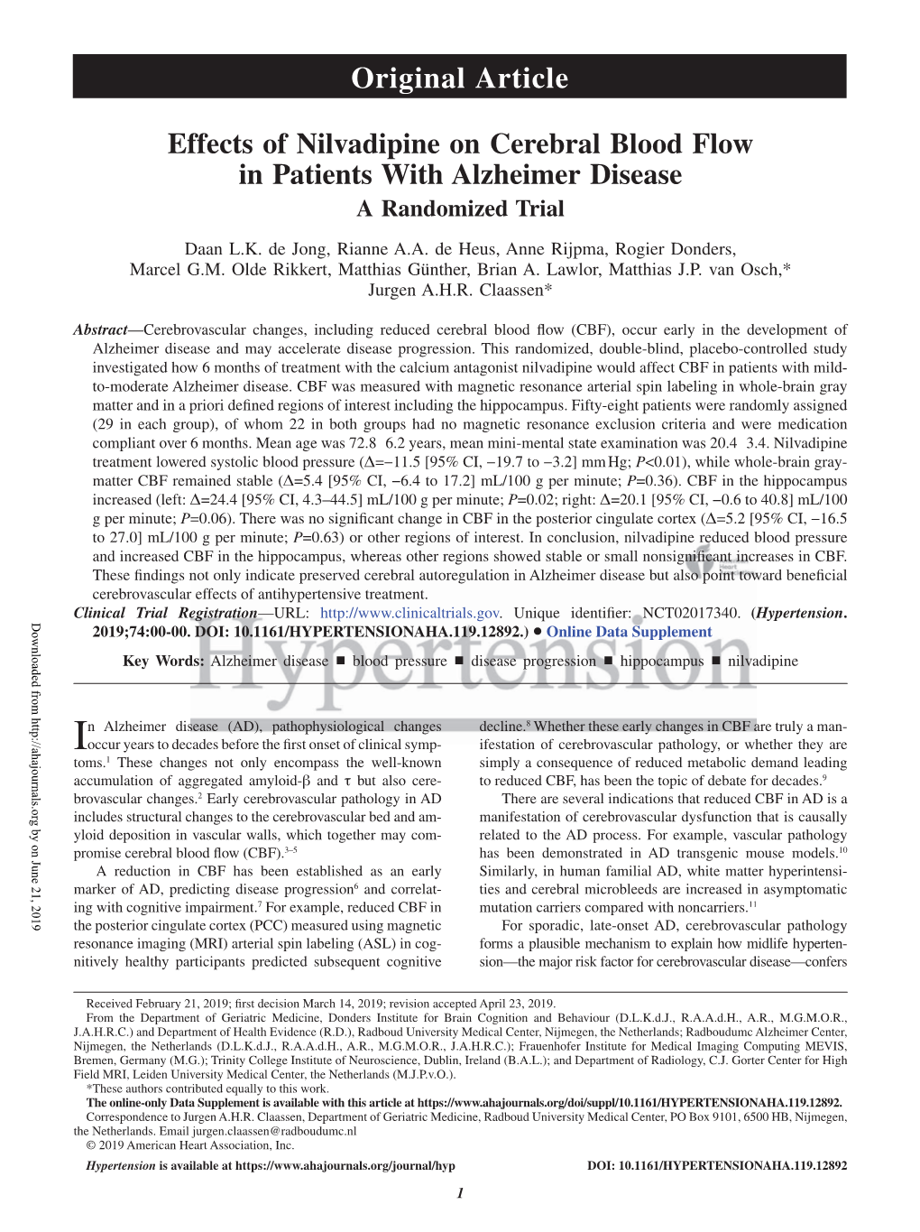 Effects of Nilvadipine on Cerebral Blood Flow in Patients with Alzheimer Disease a Randomized Trial