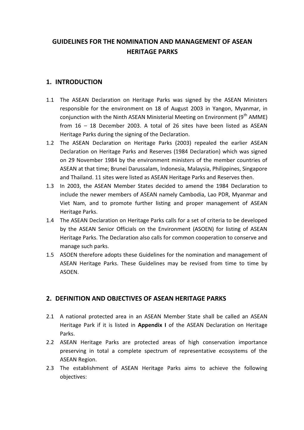 Guidelines for the Nomination and Management of Asean Heritage Parks