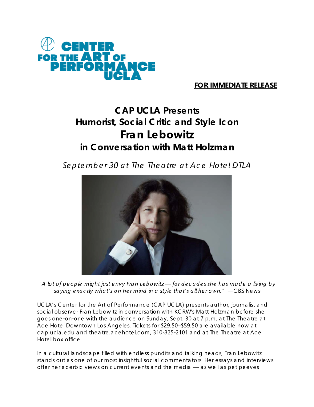 Fran Lebowitz in Conversation with Matt Holzman