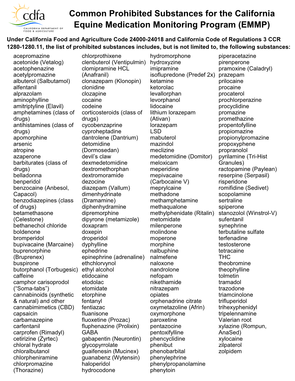 List of Common Prohibited Substance for the California Equine Medication