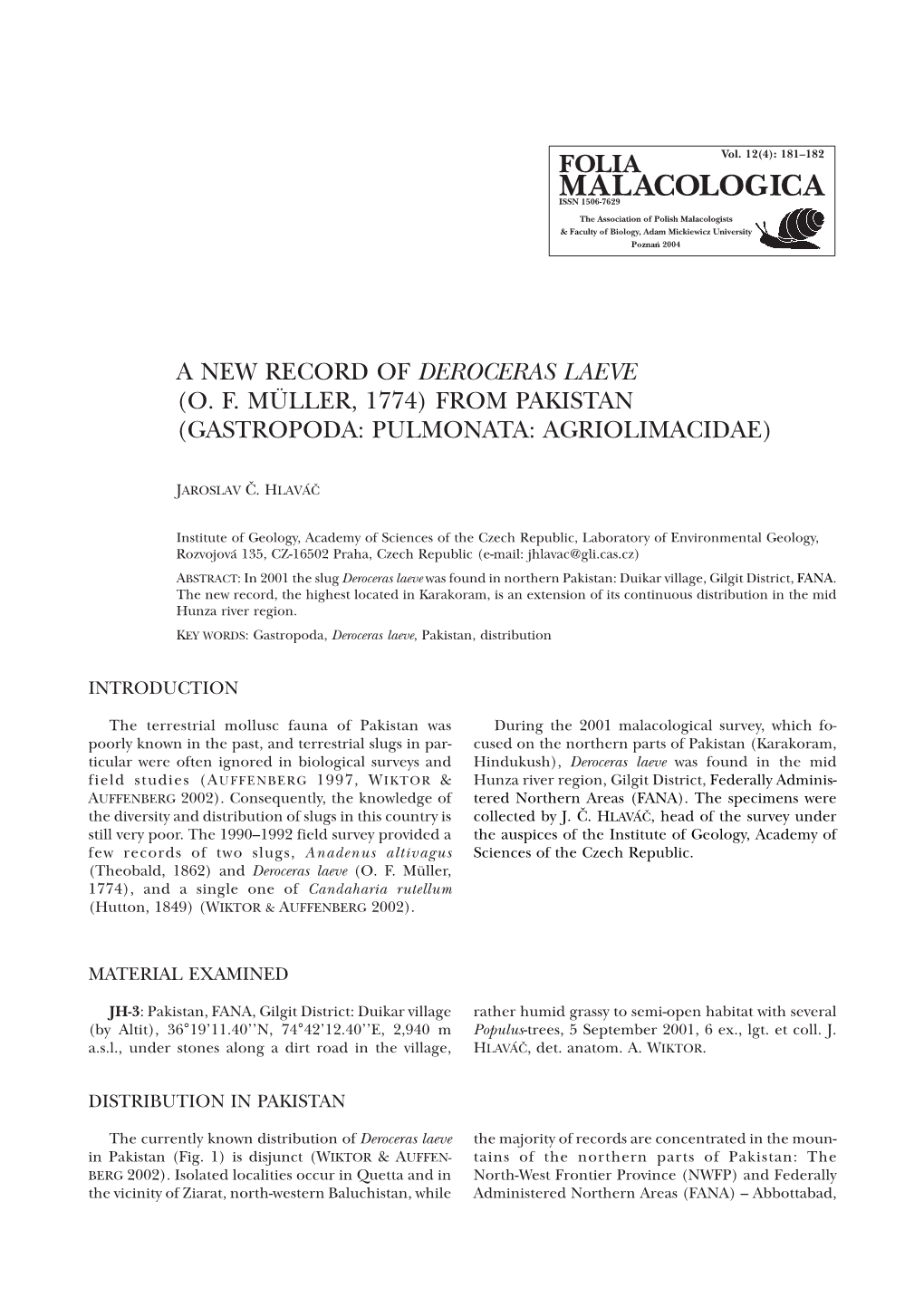 A New Record of Deroceras Laeve (Of Müller, 1774) from Pakistan