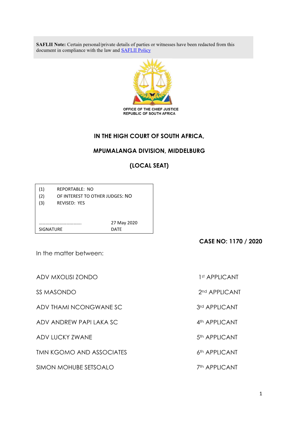 (LOCAL SEAT) CASE NO: 1170 / 2020 in the Matter Between