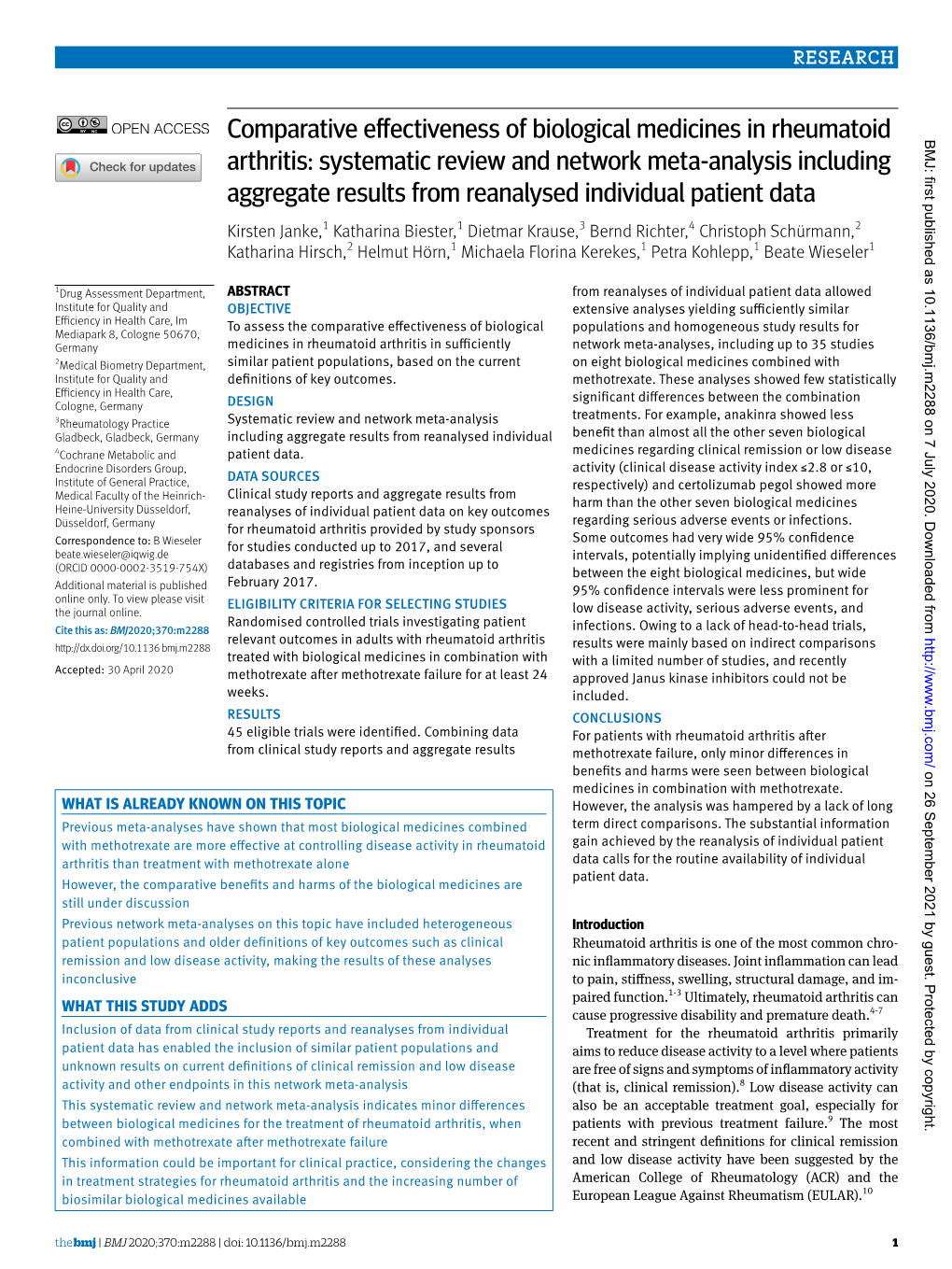 Comparative Effectiveness of Biological Medicines in Rheumatoid Arthritis