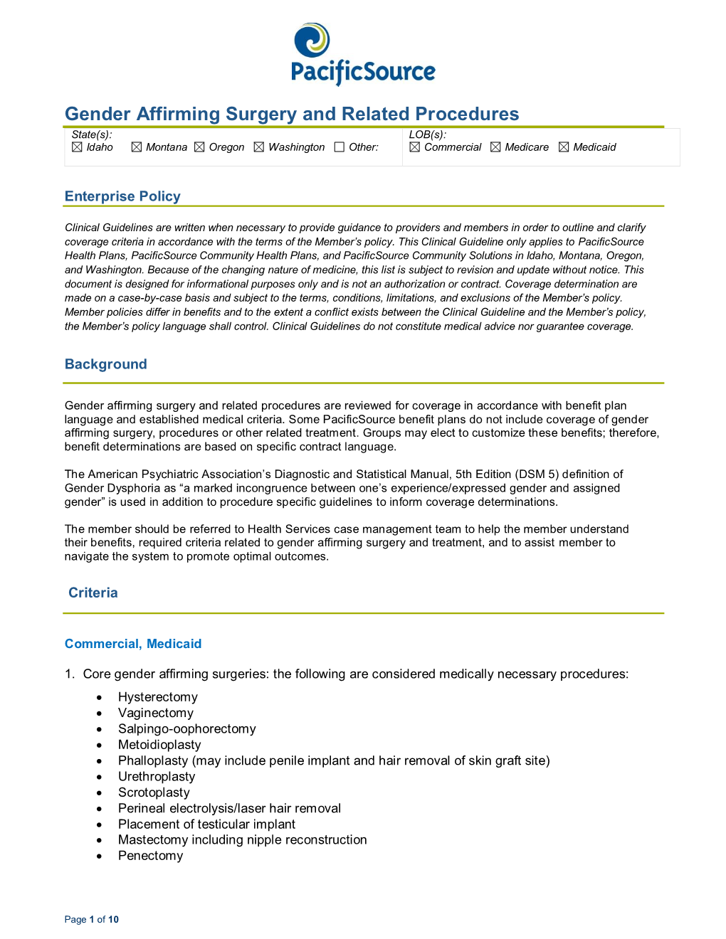 Gender Affirming Surgery and Related Procedures State(S): LOB(S): Idaho Montana Oregon Washington Other: Commercial Medicare Medicaid