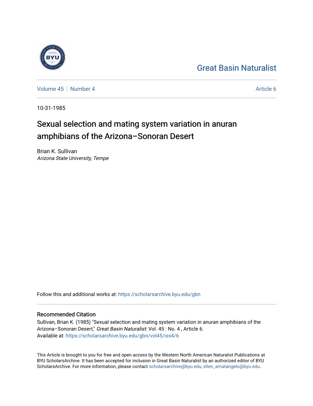 Sexual Selection and Mating System Variation in Anuran Amphibians of the Arizona–Sonoran Desert