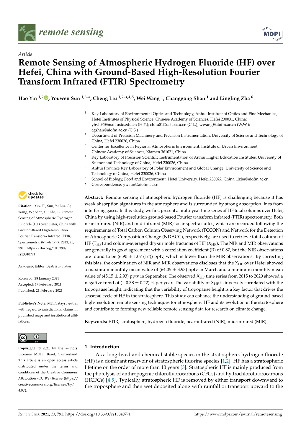 Remote Sensing of Atmospheric Hydrogen Fluoride (HF) Over Hefei, China with Ground-Based High-Resolution Fourier Transform Infrared (FTIR) Spectrometry