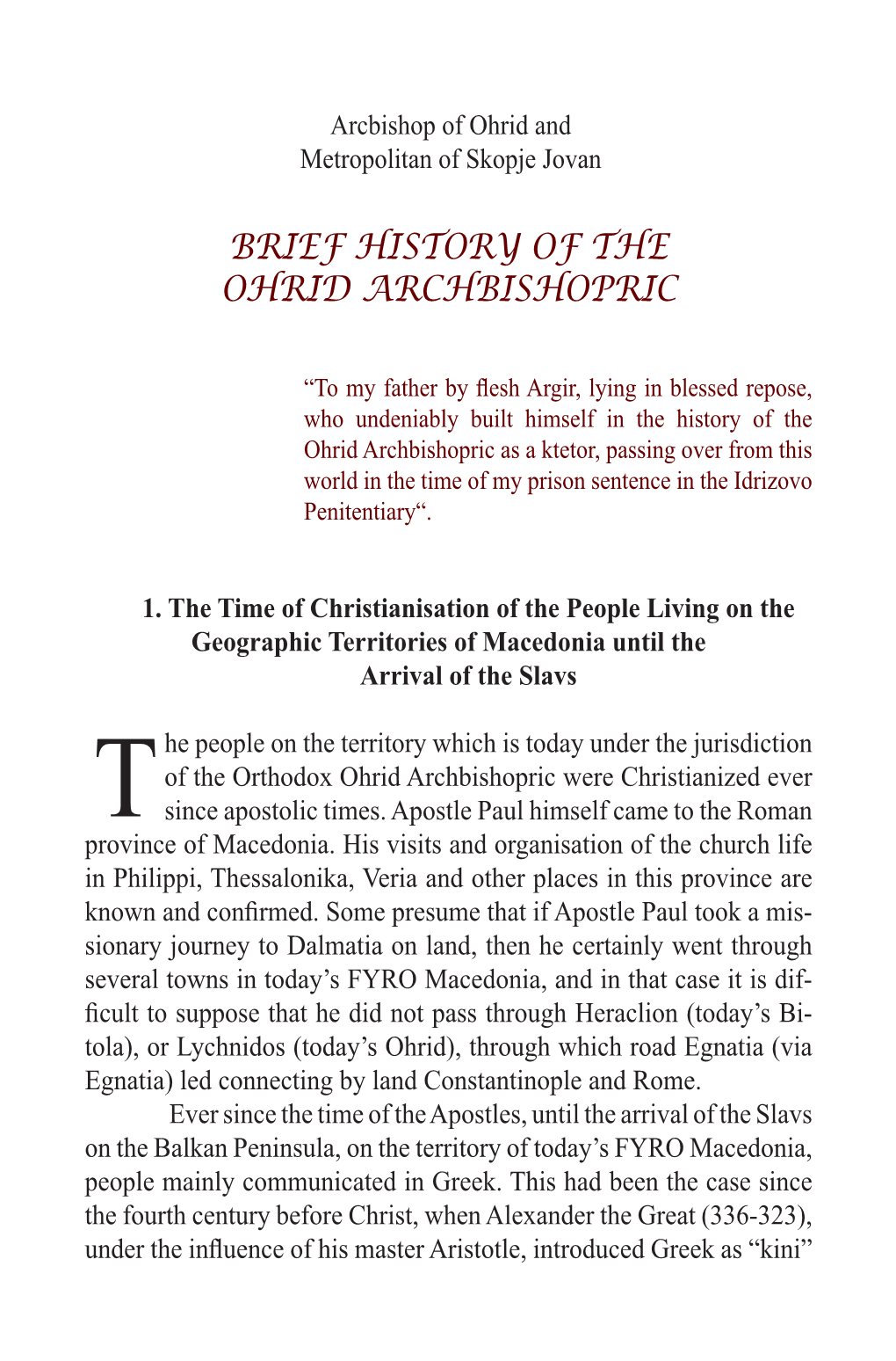 Brief History of the Ohrid Archbishopric