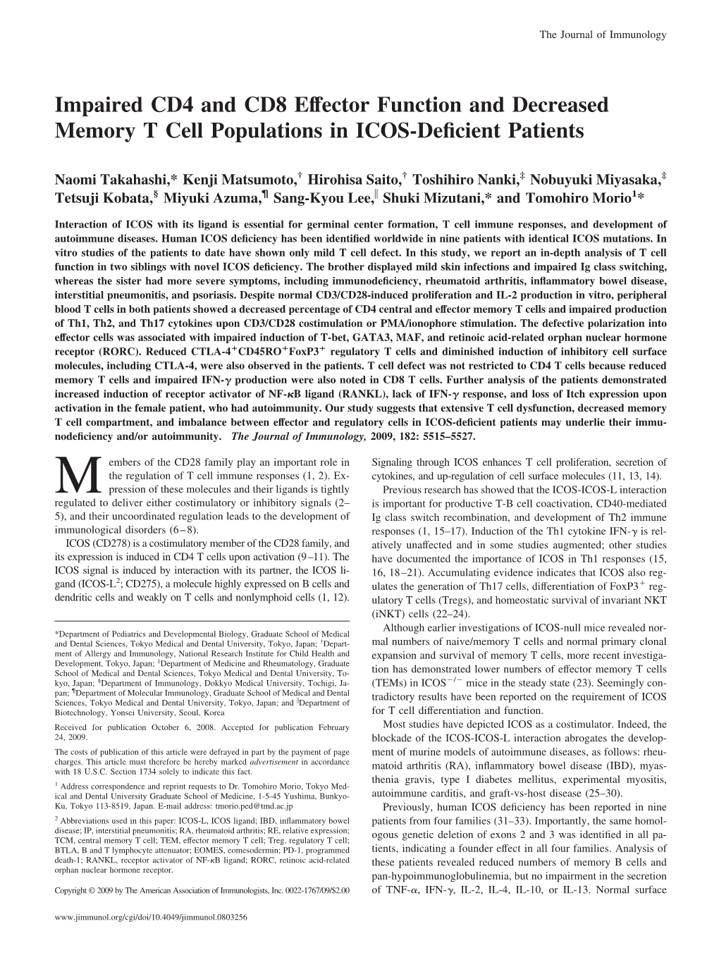 ICOS-Deficient Patients in and Decreased Memory T Cell