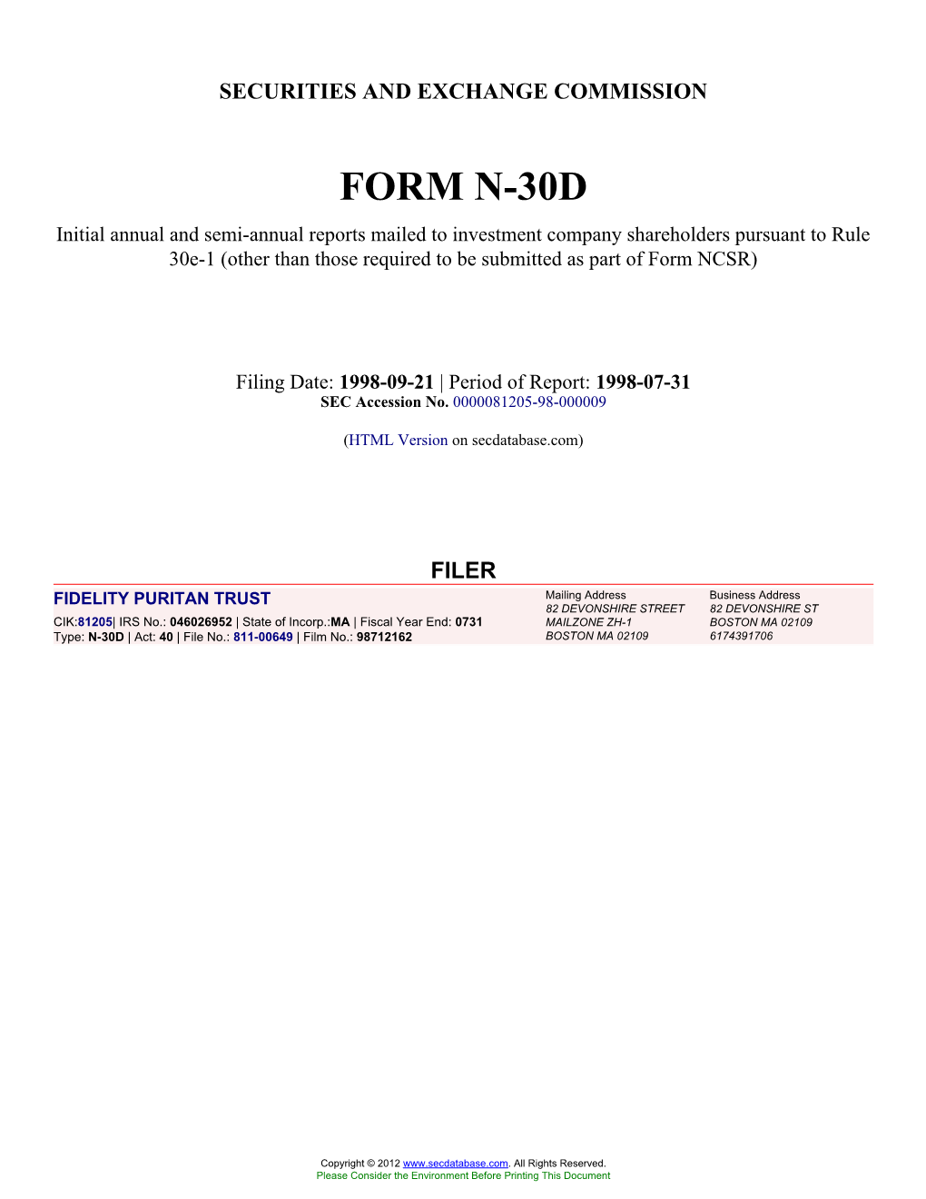 FIDELITY PURITAN TRUST (Form: N-30D, Filing