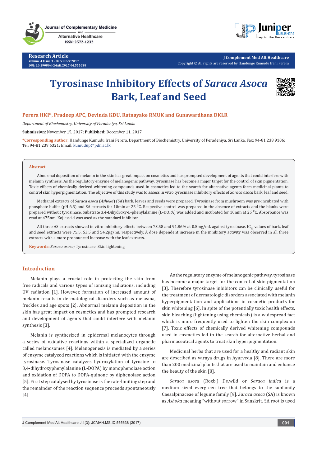 Tyrosinase Inhibitory Effects of Saraca Asoca Bark, Leaf and Seed