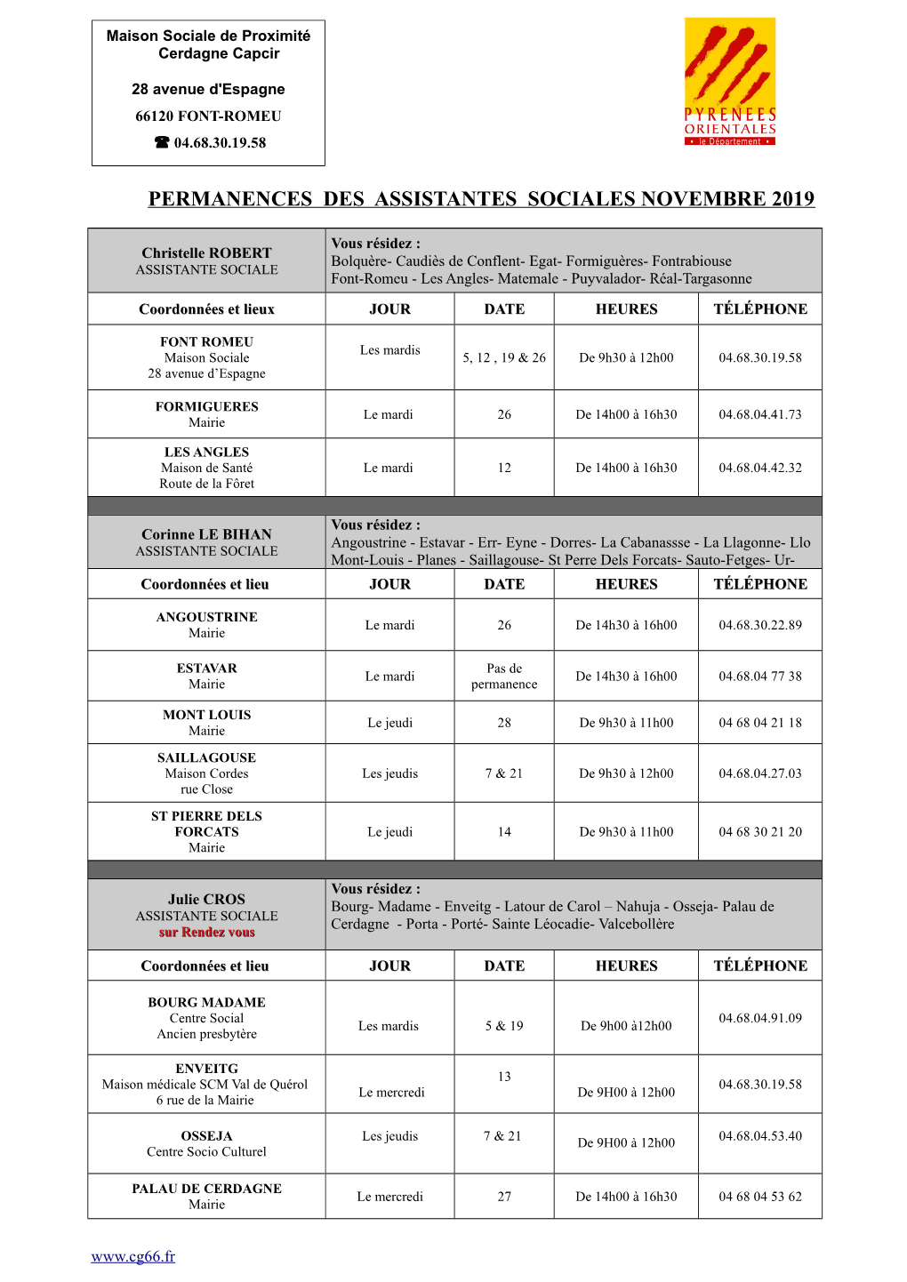 Permanences Des Assistantes Sociales Novembre 2019