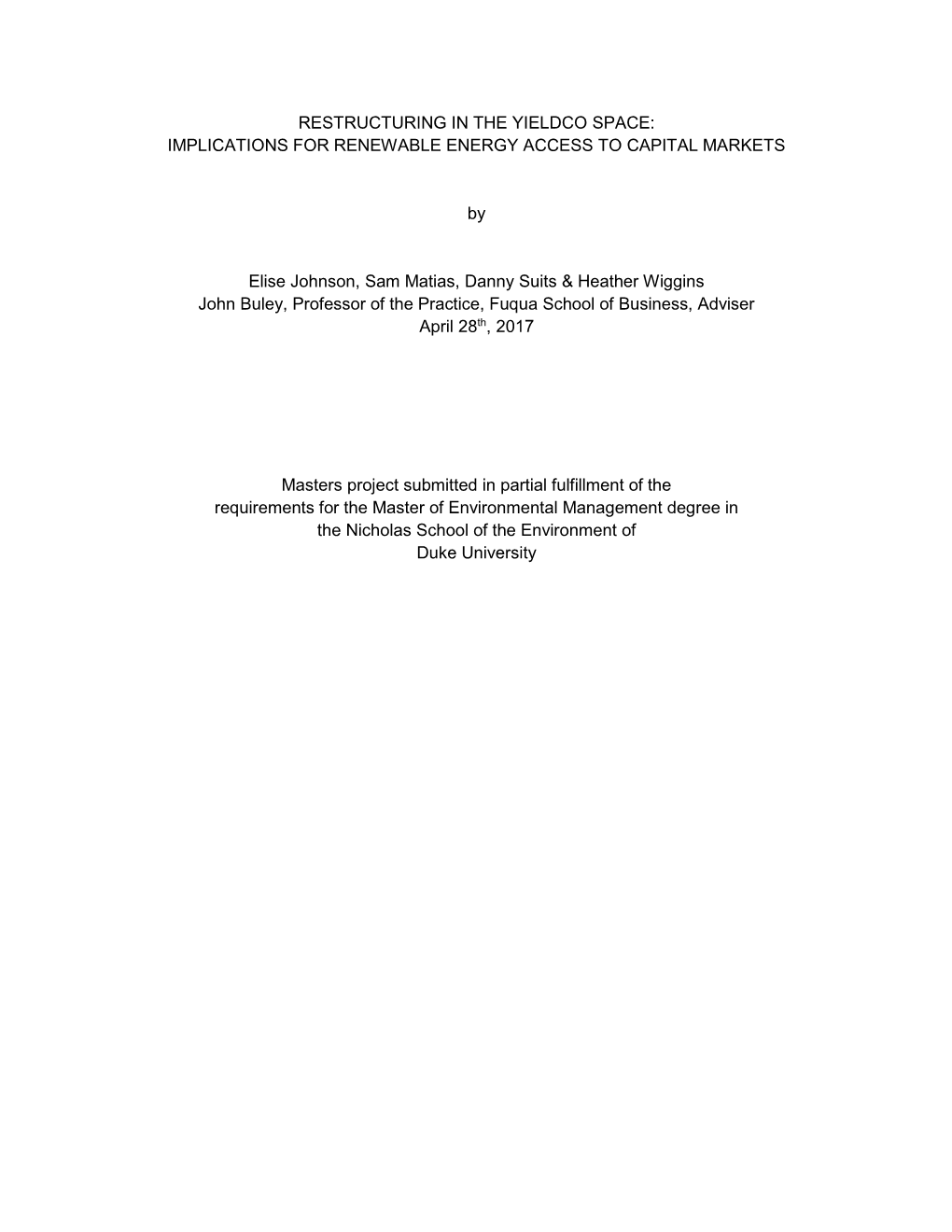 Restructuring in the Yieldco Space: Implications for Renewable Energy Access to Capital Markets