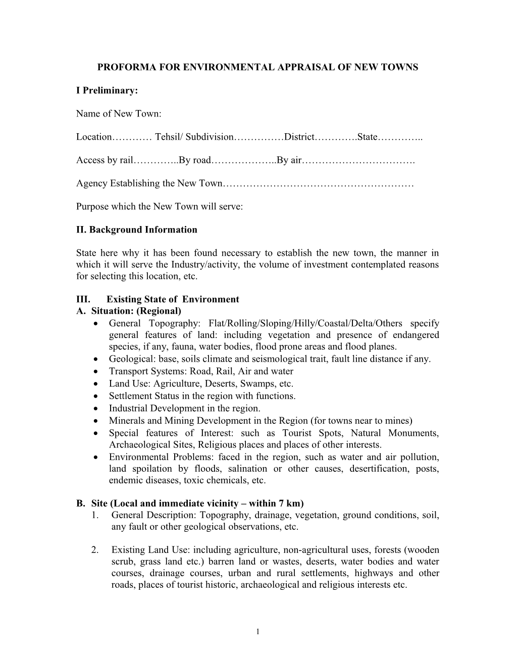 Proforma for Environmental Appraisal of New Towns