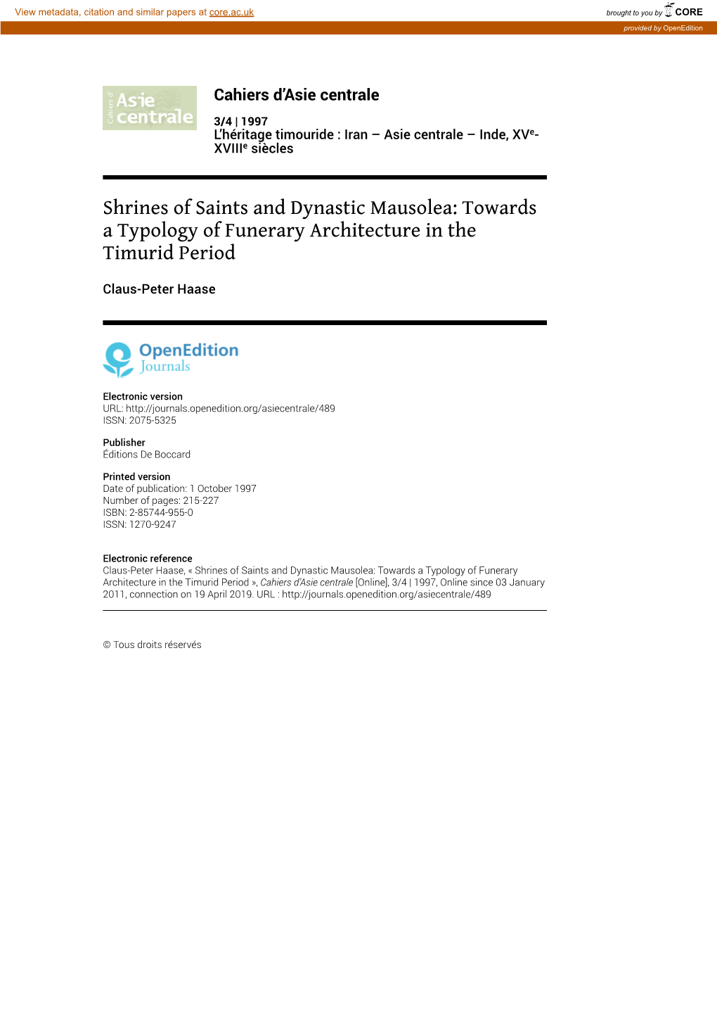 Shrines of Saints and Dynastic Mausolea: Towards a Typology of Funerary Architecture in the Timurid Period