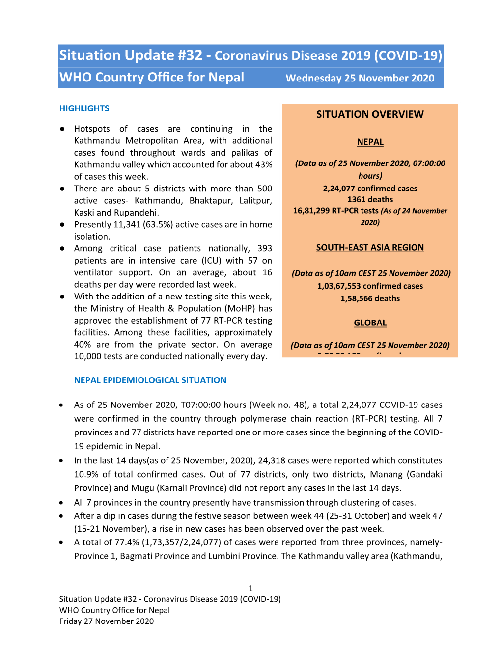 Situation Update #32 - Coronavirus Disease 2019 (COVID-19) WHO Country Office for Nepal Wednesday 25 November 2020