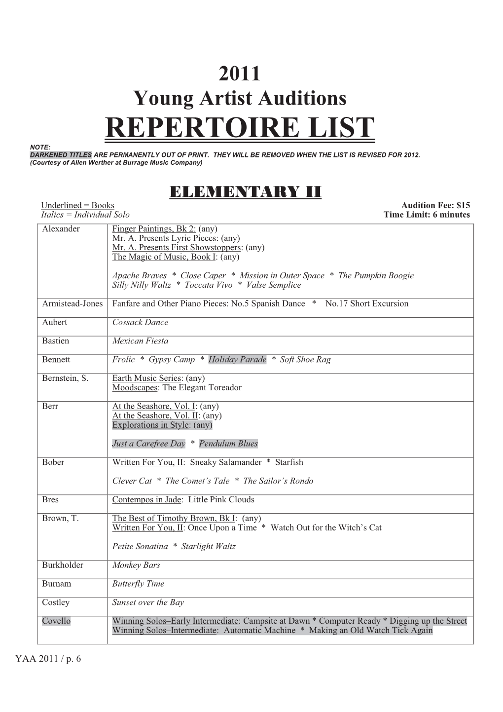 YAA Repretoire List