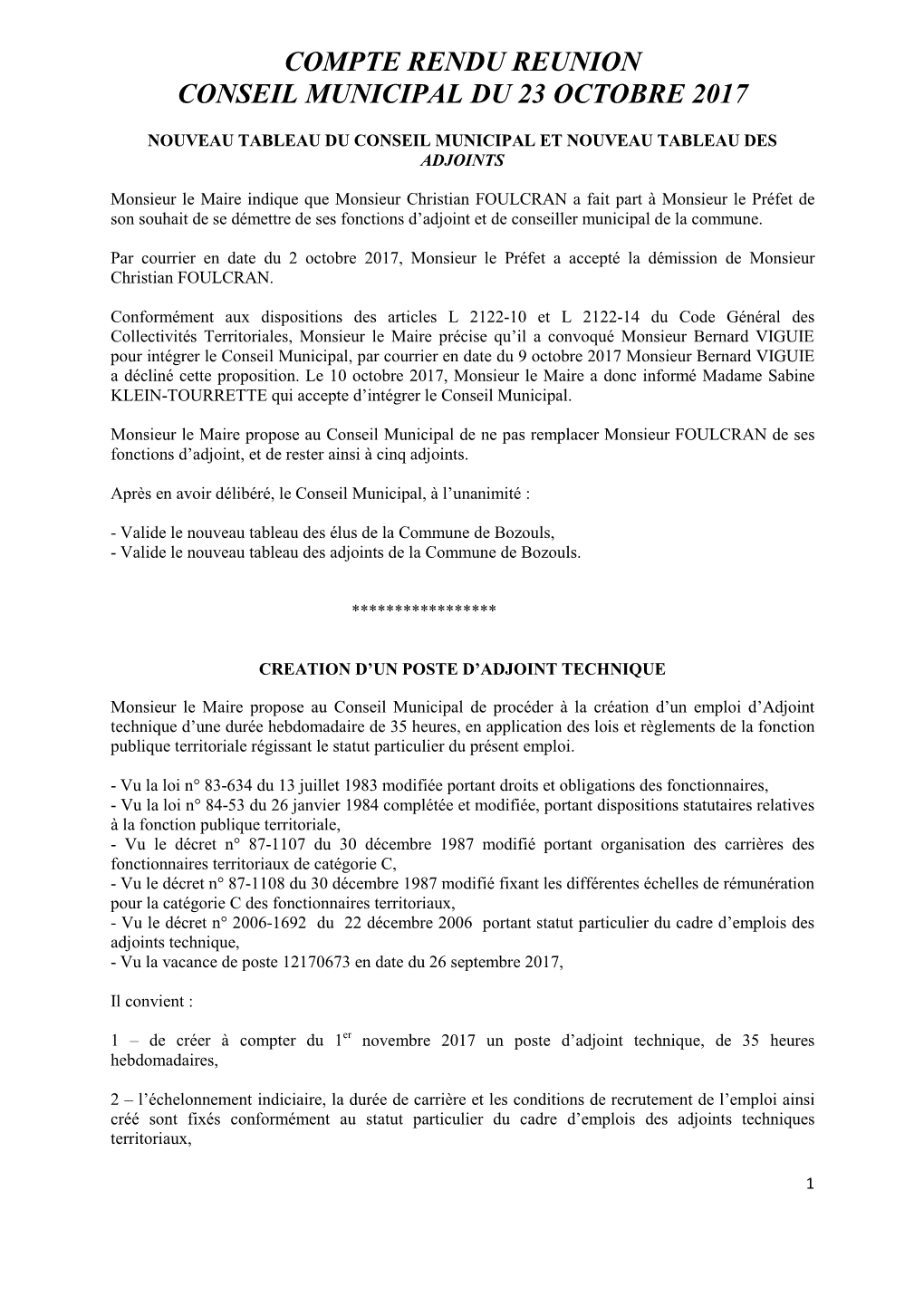 Compte Rendu Reunion Conseil Municipal Du 23 Octobre 2017