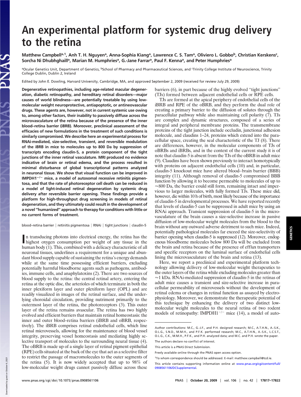 An Experimental Platform for Systemic Drug Delivery to the Retina