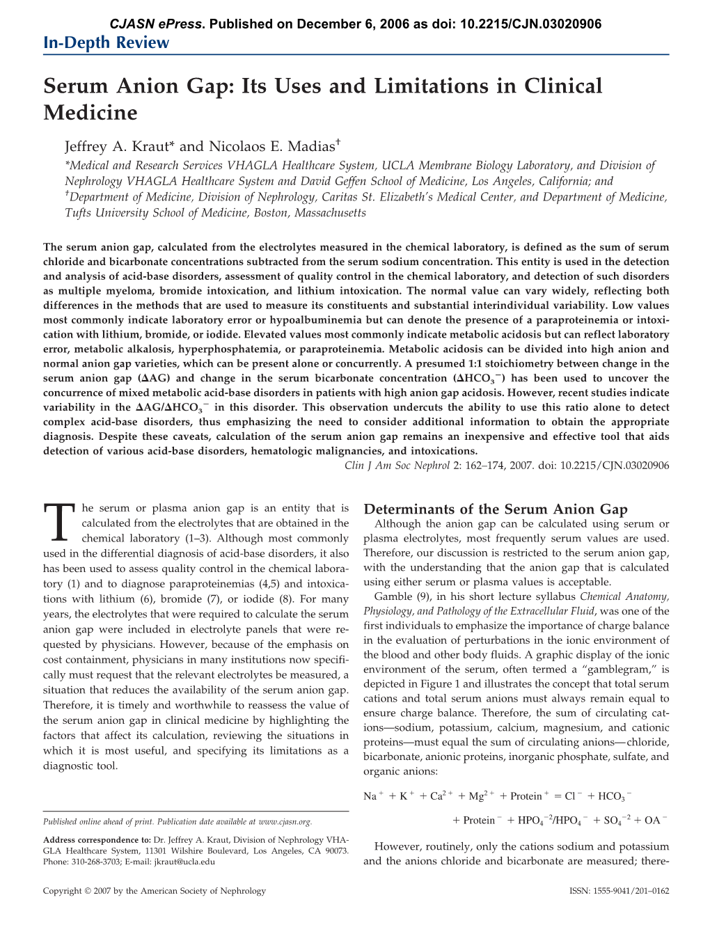 Serum Anion Gap: Its Uses and Limitations in Clinical Medicine