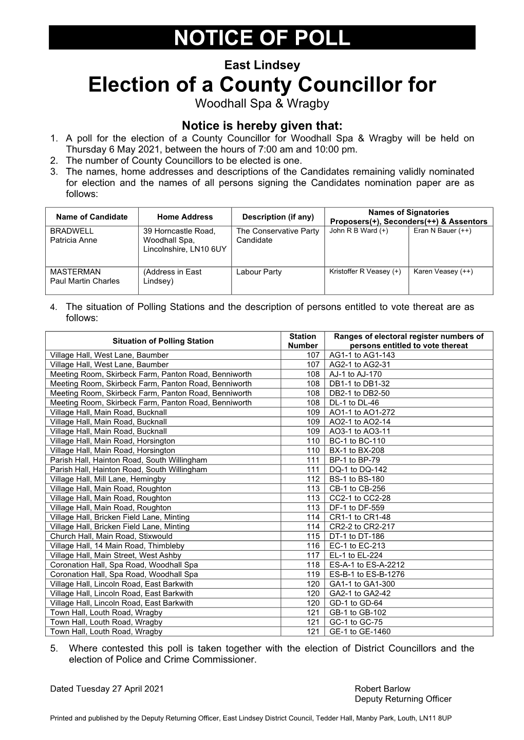 NOTICE of POLL Election of a County Councillor