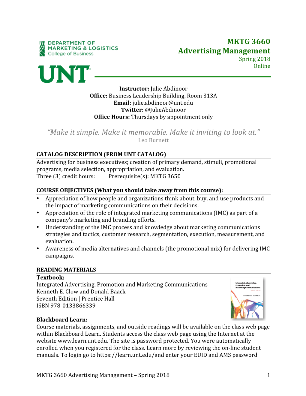 MKTG 3660 Advertising Management Spring 2018 Online