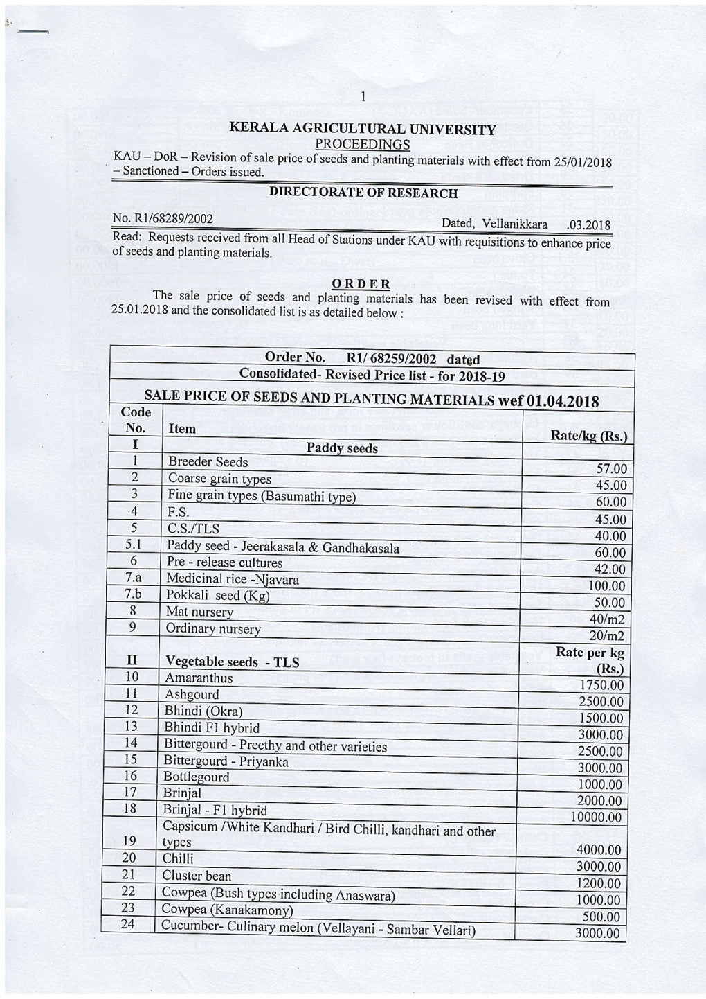 Sale Price of Seeds and Planting Materials