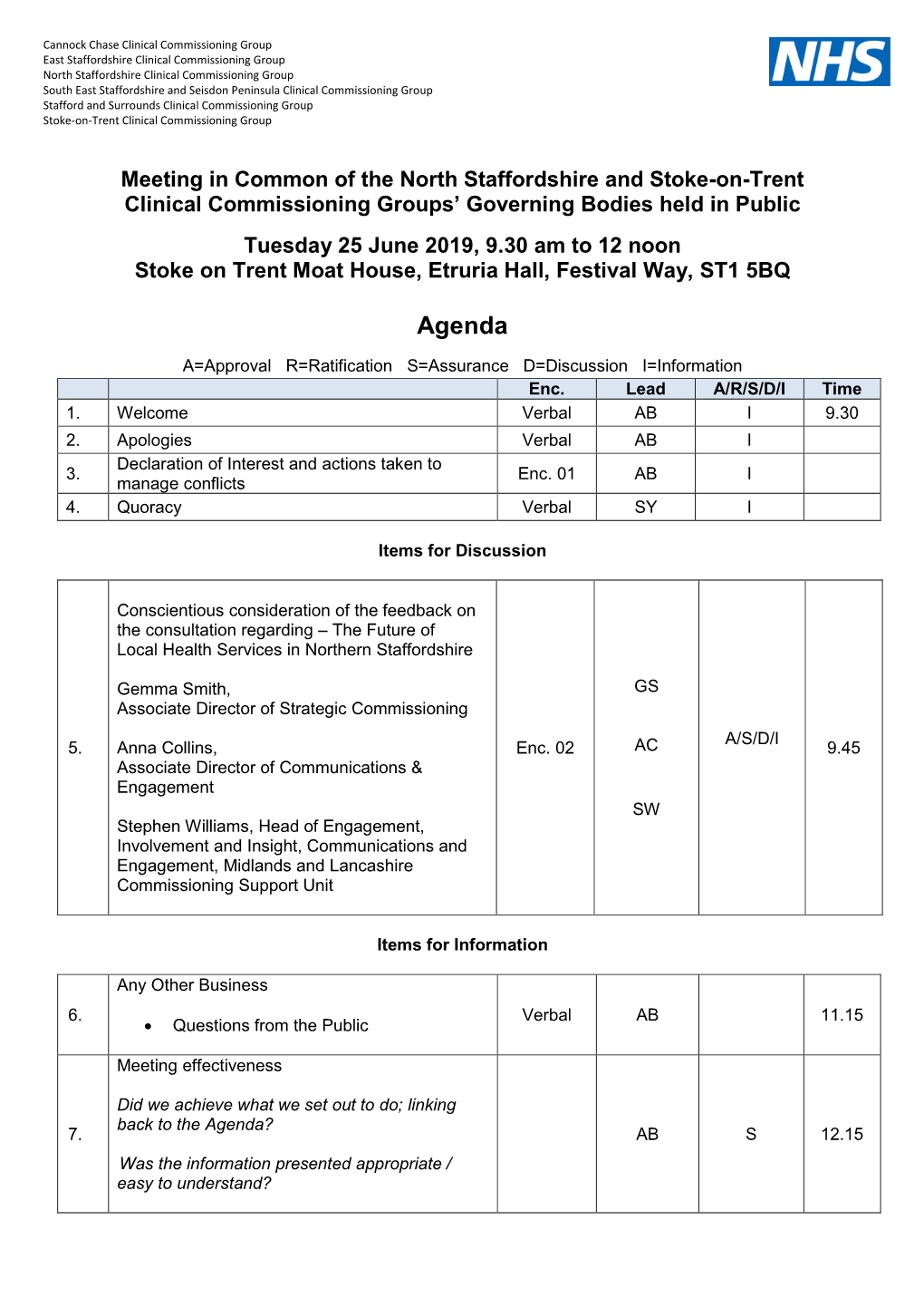 Agenda A=Approval R=Ratification S=Assurance D=Discussion I=Information Enc