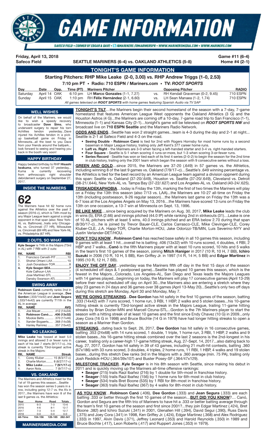 04-13-2018 Mariners Game Notes