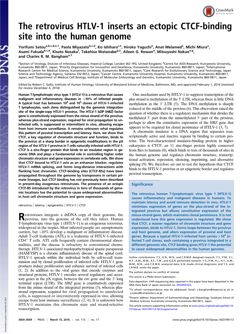 The Retrovirus HTLV-1 Inserts an Ectopic CTCF-Binding Site Into the Human Genome