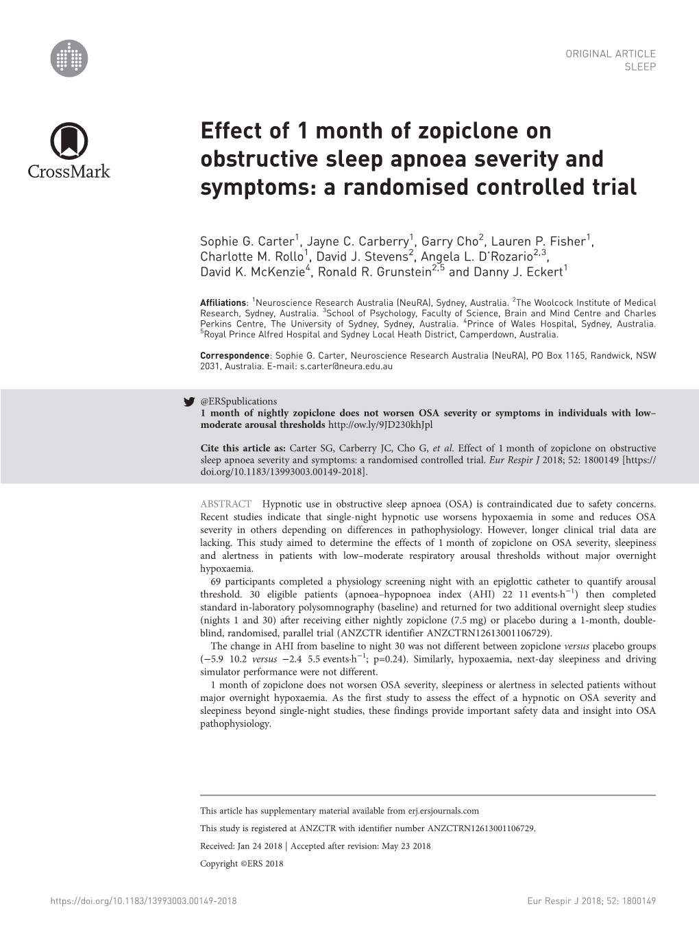 Effect of 1 Month of Zopiclone on Obstructive Sleep Apnoea Severity and Symptoms: a Randomised Controlled Trial