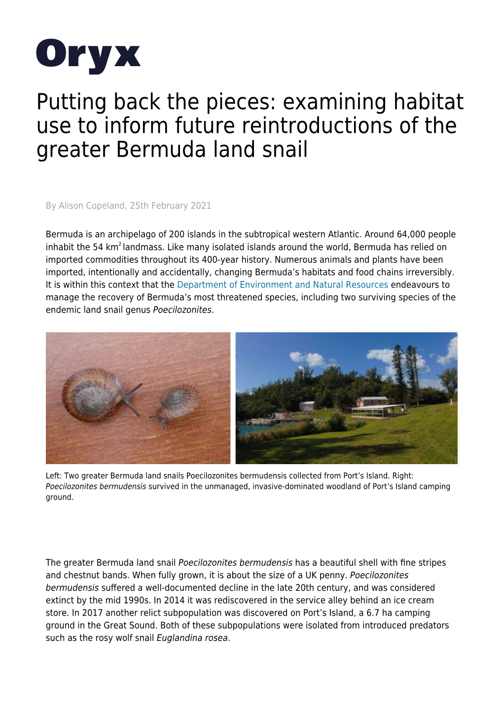 Putting Back the Pieces: Examining Habitat Use to Inform Future Reintroductions of the Greater Bermuda Land Snail