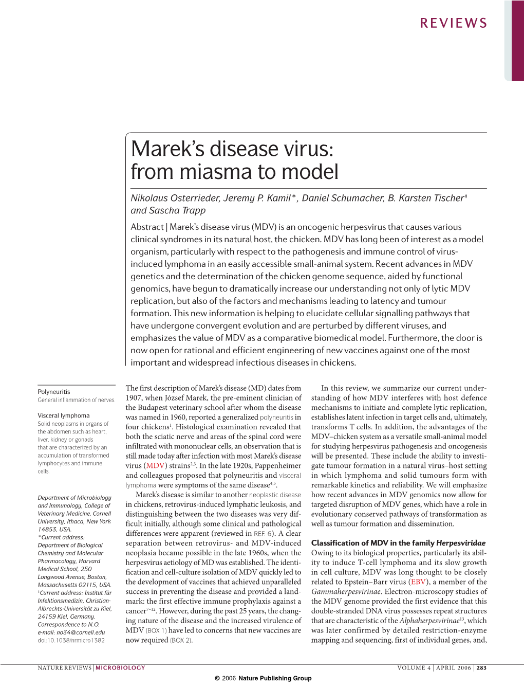 Marek's Disease Virus: from Miasma to Model