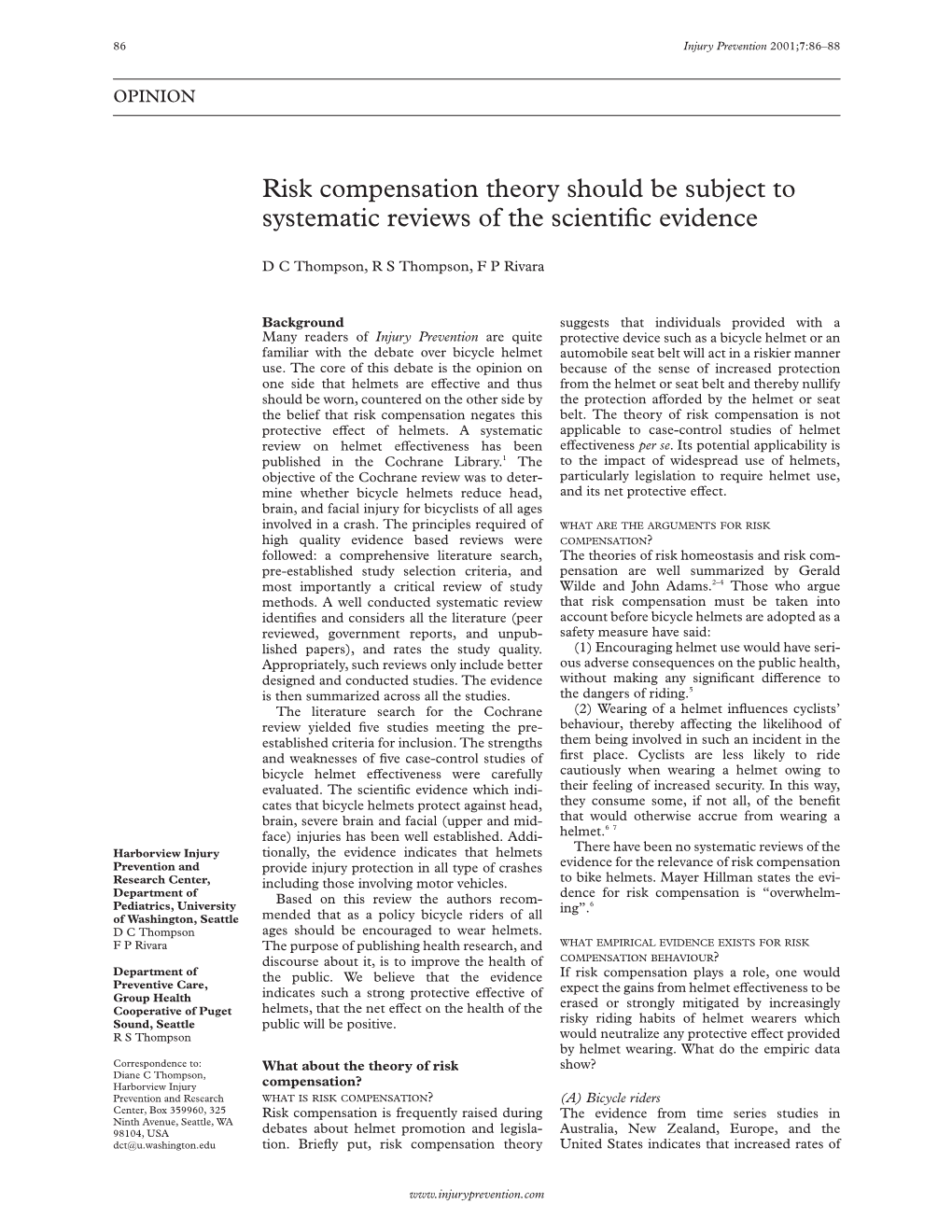 Risk Compensation Theory Should Be Subject to Systematic Reviews of the Scientiﬁc Evidence