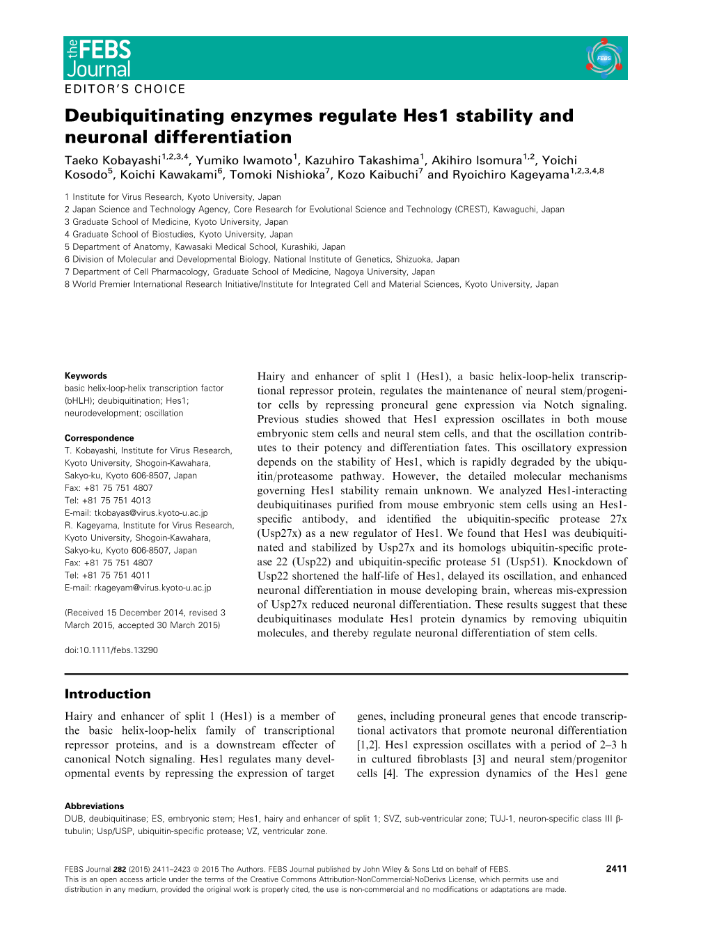 Deubiquitinating Enzymes Regulate Hes1 Stability and Neuronal