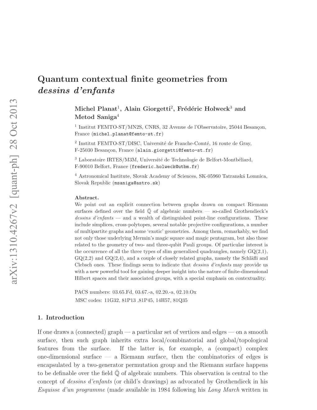 Quantum Contextual Finite Geometries from Dessins D'enfants