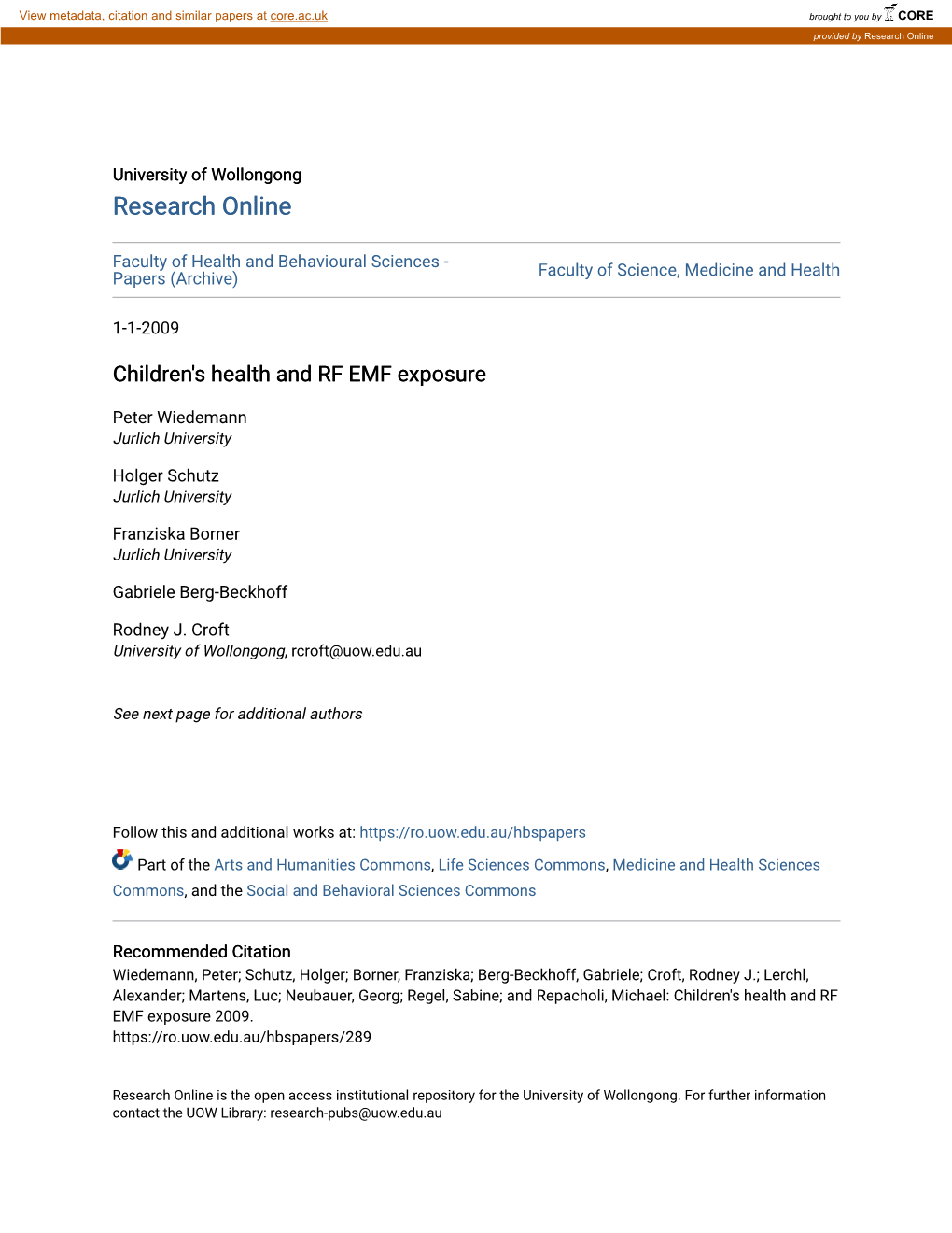 Children's Health and RF EMF Exposure