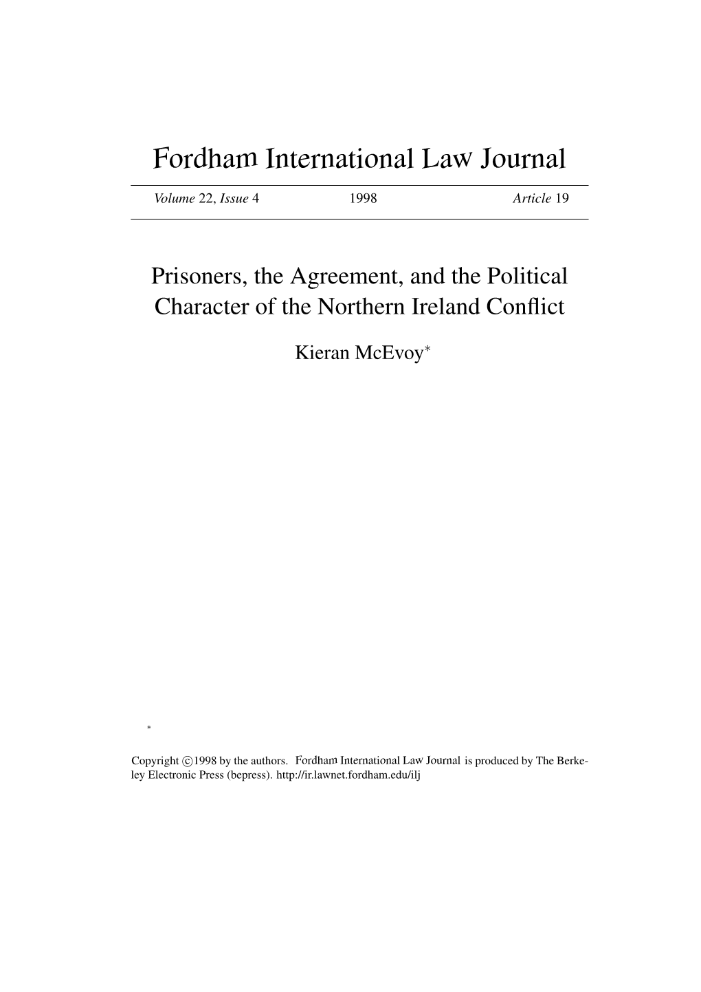 Prisoners, the Agreement, and the Political Character of the Northern Ireland Conﬂict