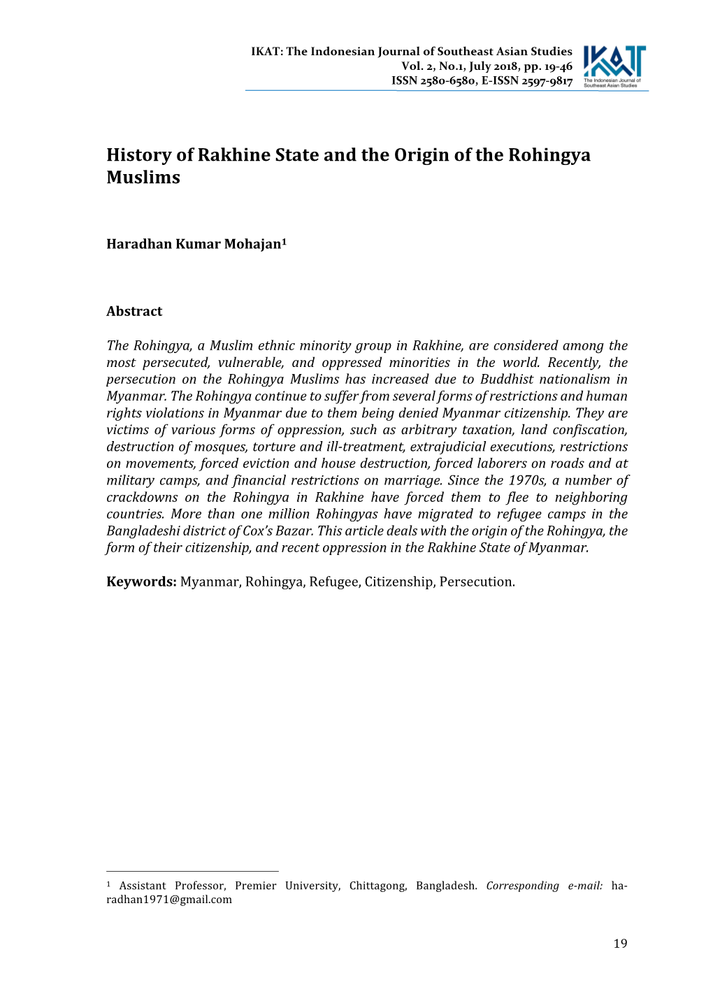History of Rakhine State and the Origin of the Rohingya Muslims