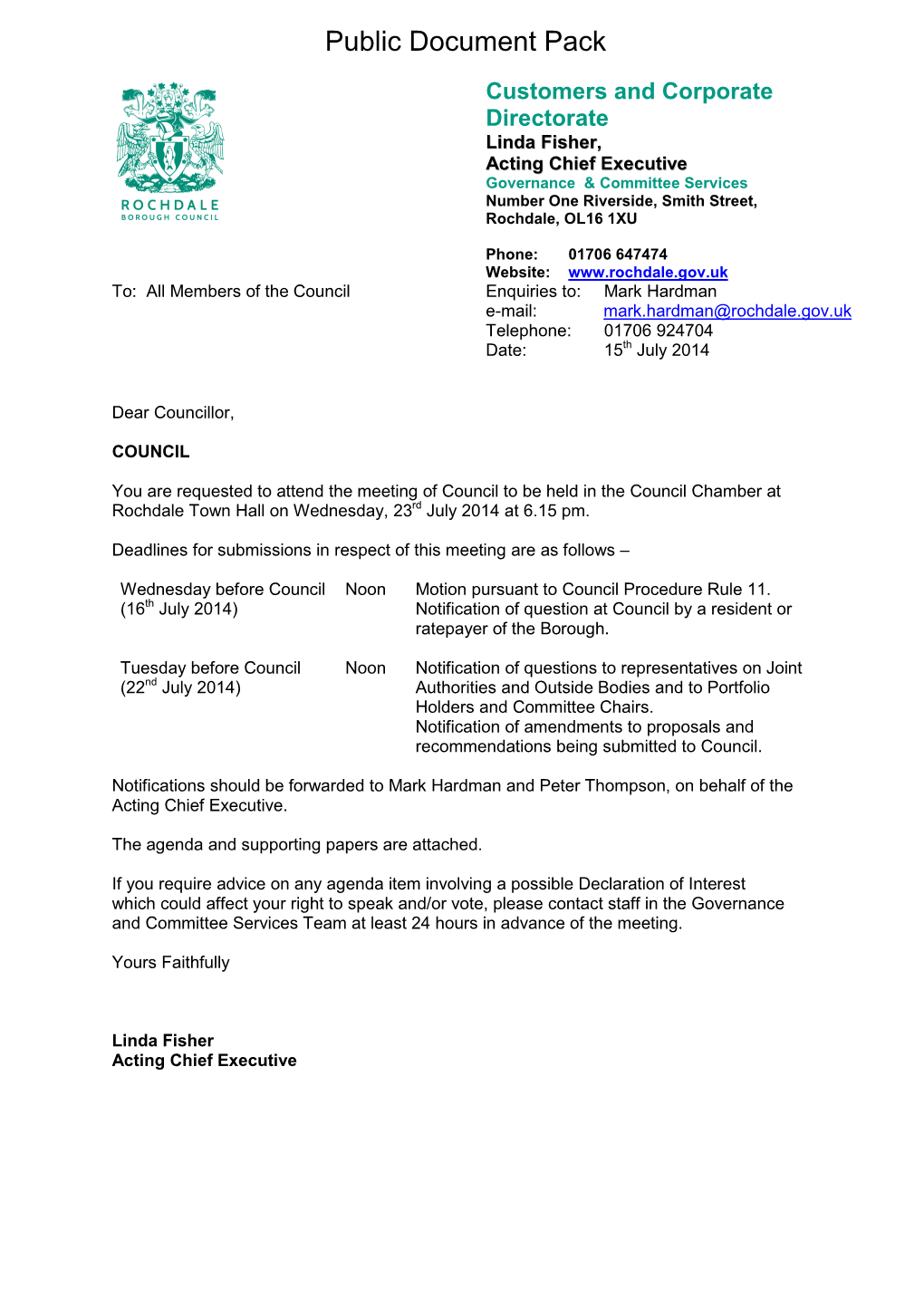(Public Pack)Agenda Document for Council, 23/07/2014 18:15