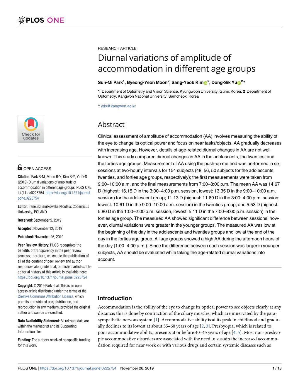 Diurnal Variations of Amplitude of Accommodation in Different Age Groups