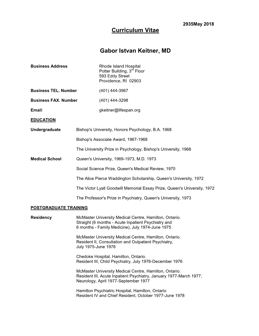 Curriculum Vitae Gabor Istvan Keitner, MD