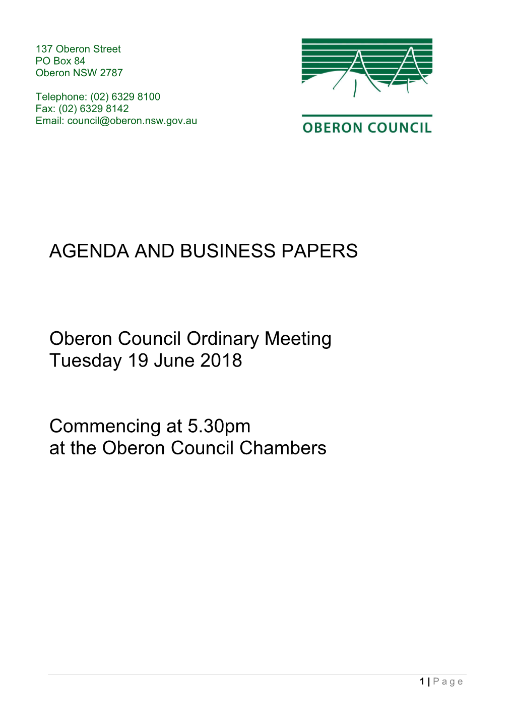 AGENDA and BUSINESS PAPERS Oberon Council Ordinary Meeting